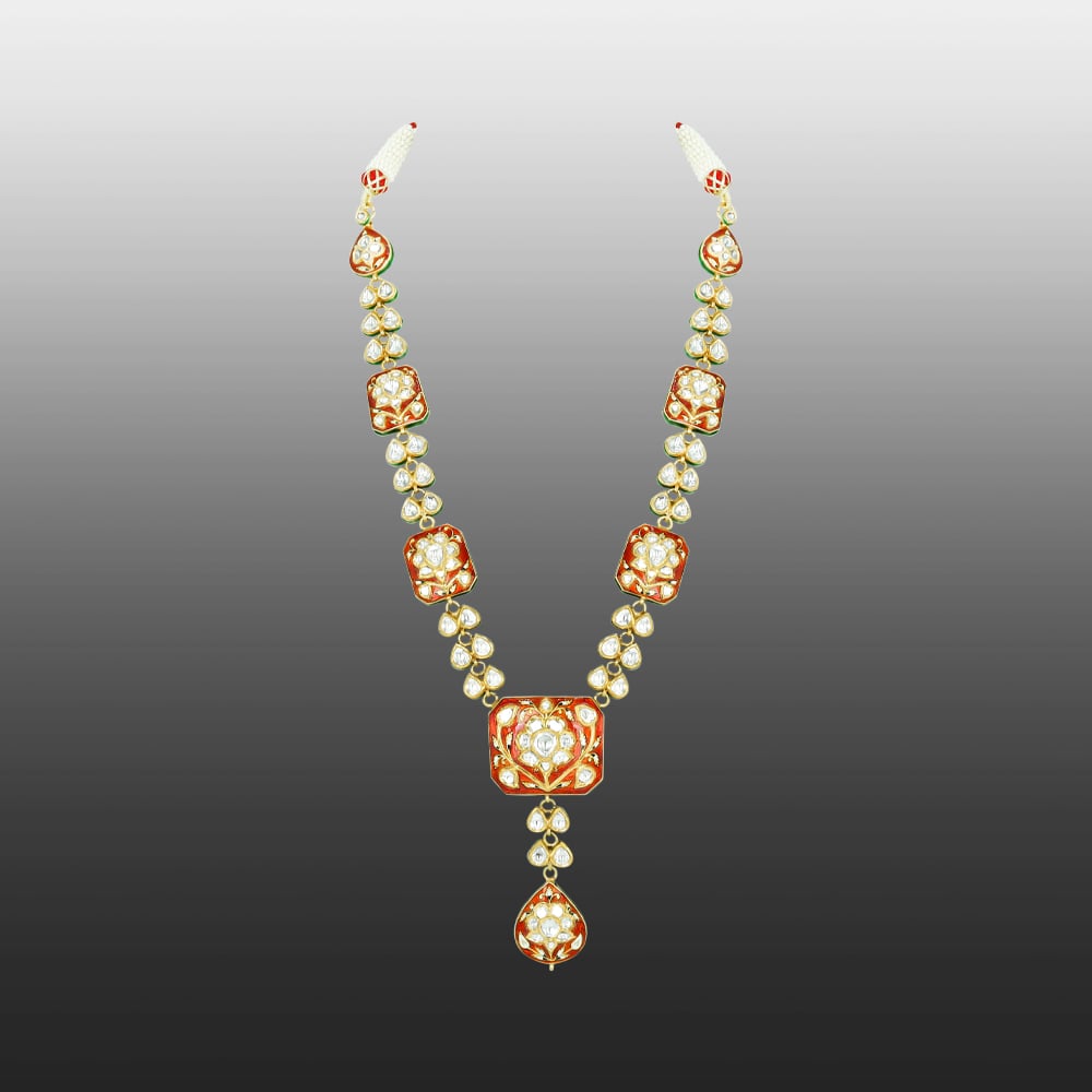 Polki Necklace with Red Enamel and Drop Pendant